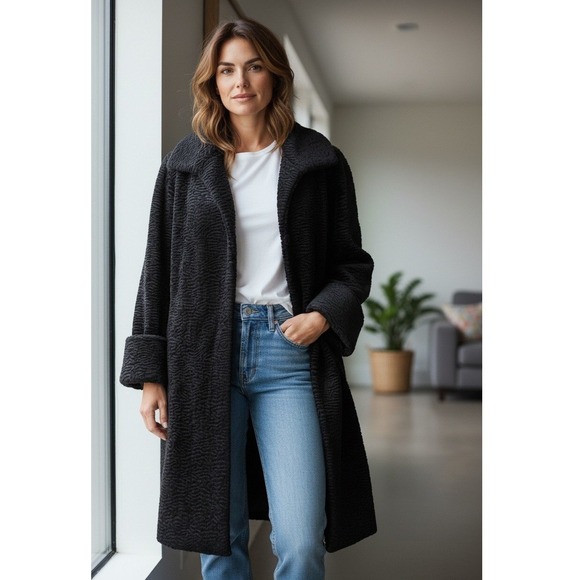 Olympia Limited Inc Textured Black Faux Fur Mid Length Coat Women Small - Picture 2 of 5